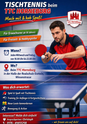 Plakat: Der TTC Horneburg sucht Verstärkung im Erwachsenenbereich